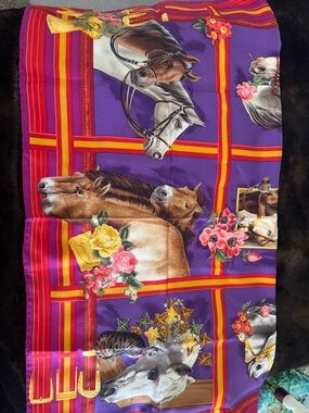 Gucci Multicolor Silk Scarf in Purple, Red & Yellow with Horses
